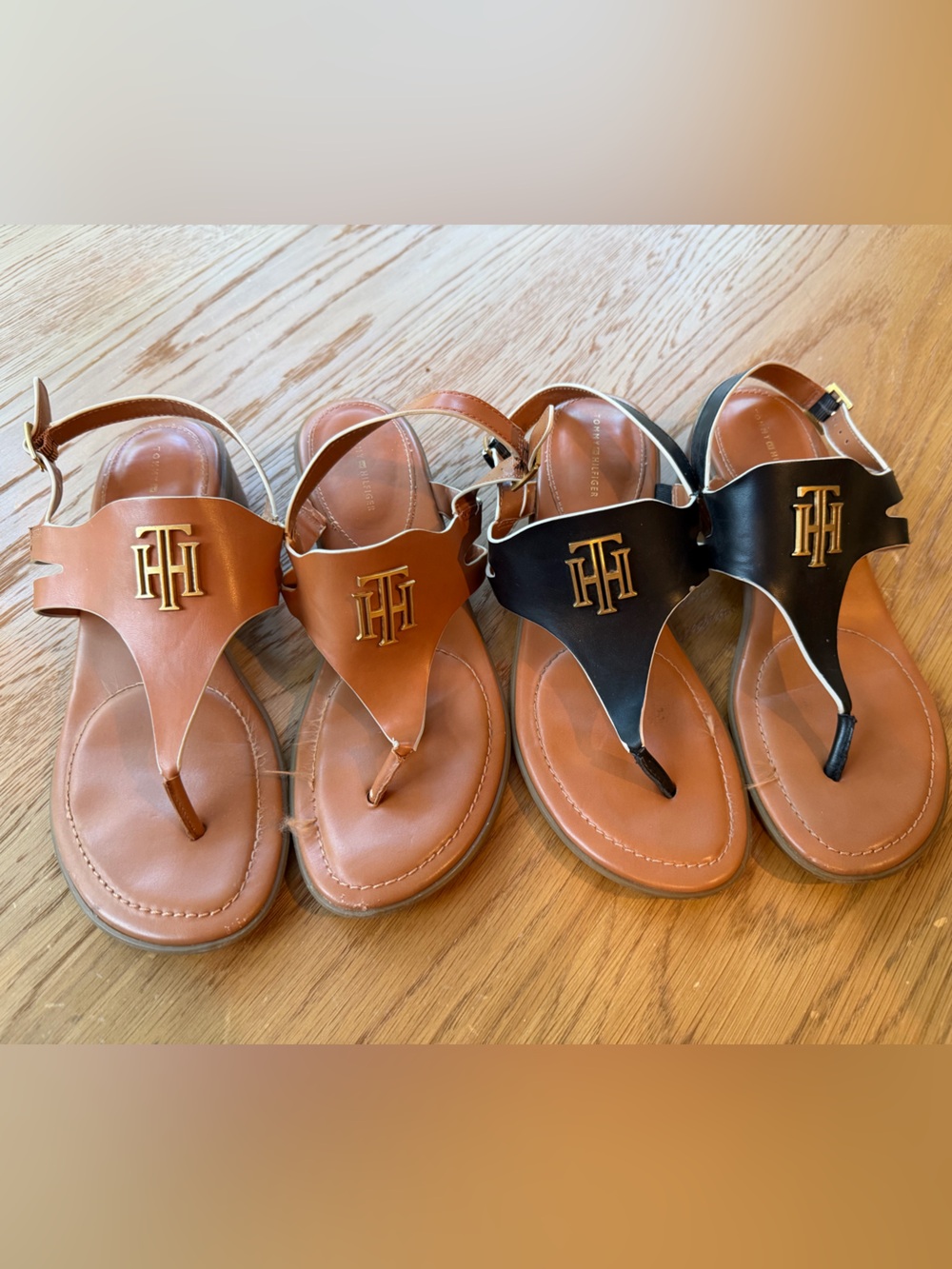 Tommy Hilfiger Two-Tone Logo Thong Sandals in Tan and Black